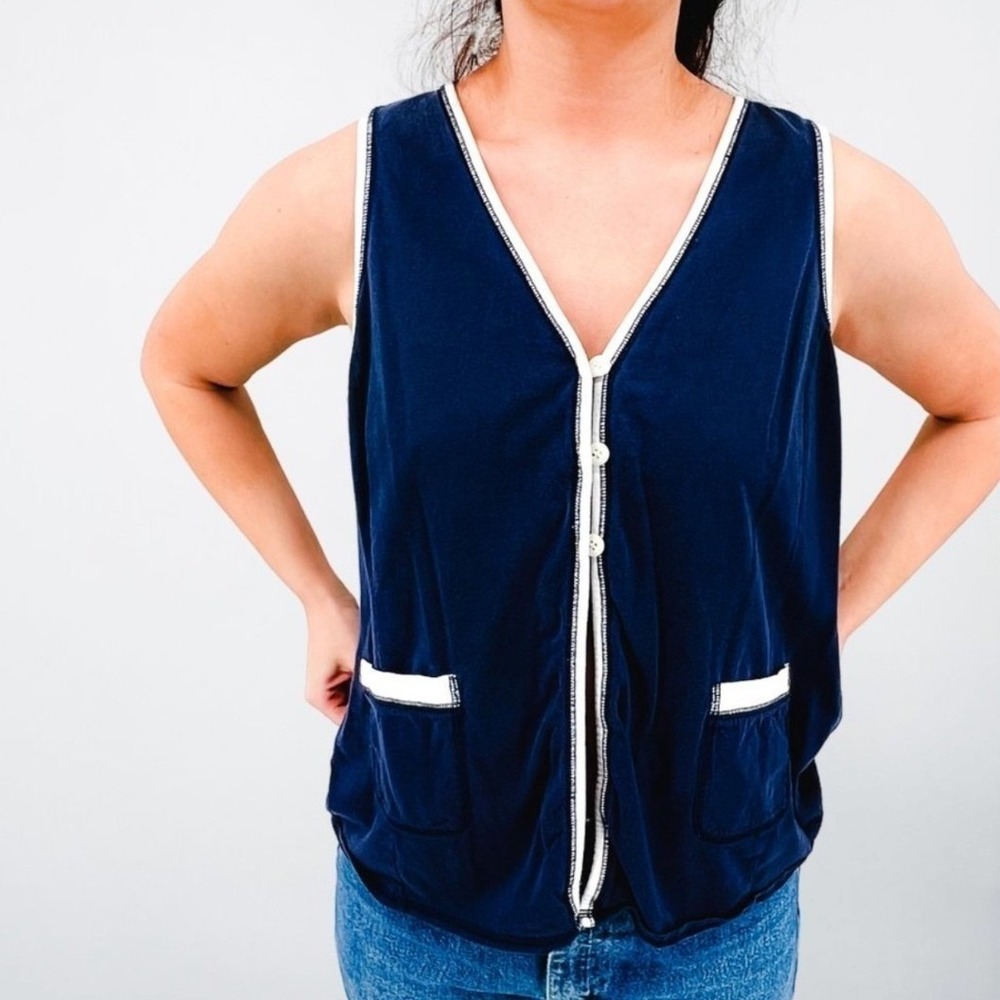 Vintage Victoria's Secret Country Navy Blue Cotton Button Front Vest Top Large